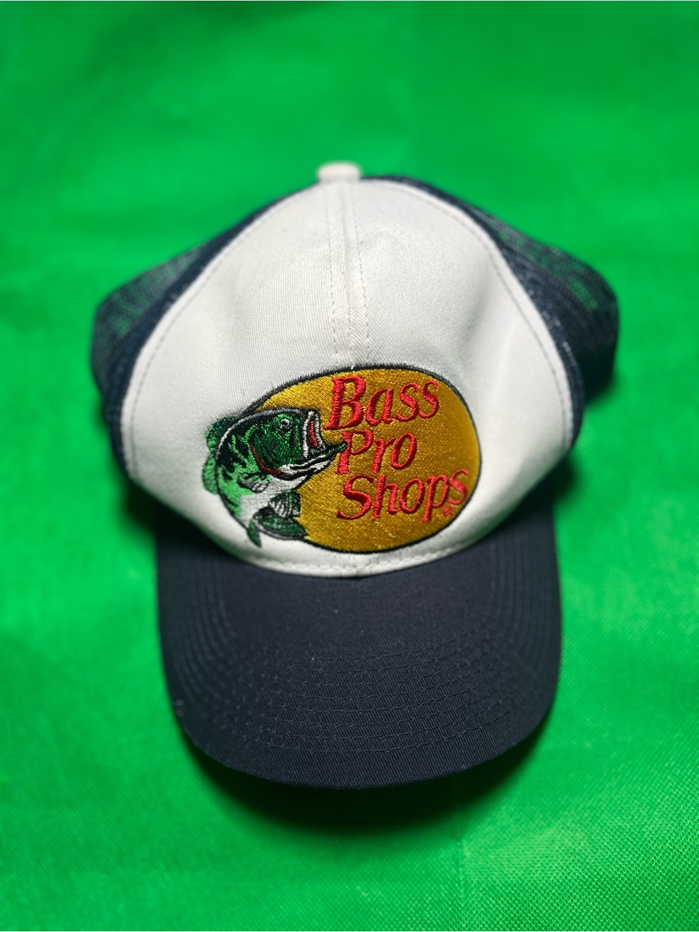 Bass Pro Shops White & Navy Mesh Cap with Green Fish Patch